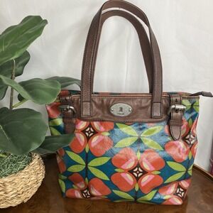 Fossil Key-Per Tote Purse Retro Floral & Leaf Coated Canvas Blue Green Red